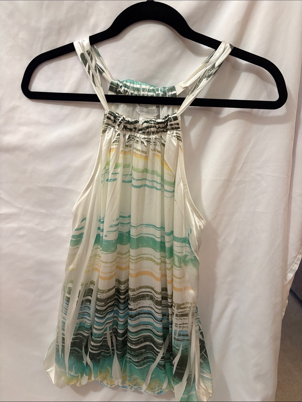 Charlotte Russe Cream Halter Tank with Teal, Yellow, and Gray Stripes